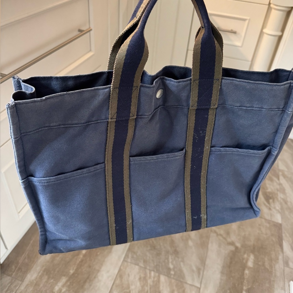 Hermes Navy and Olive Canvas Tote Briefcase